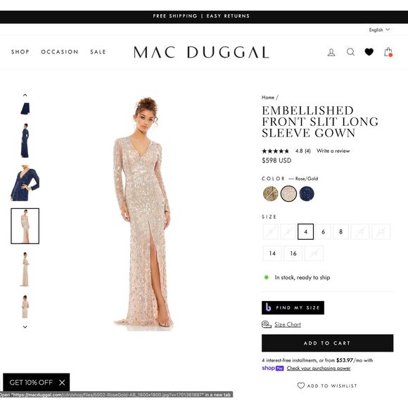 NWT Mac Duggal [ 6 ] Embellished Front Slit Long Sleeve Gown 5002‎ Rose Gold - Picture 3 of 16